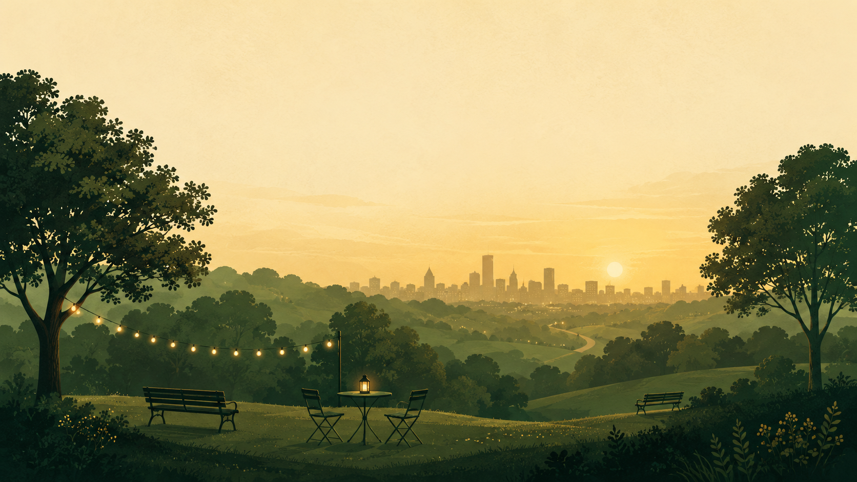 A city park at dusk with string lights, benches, and a skyline on the horizon